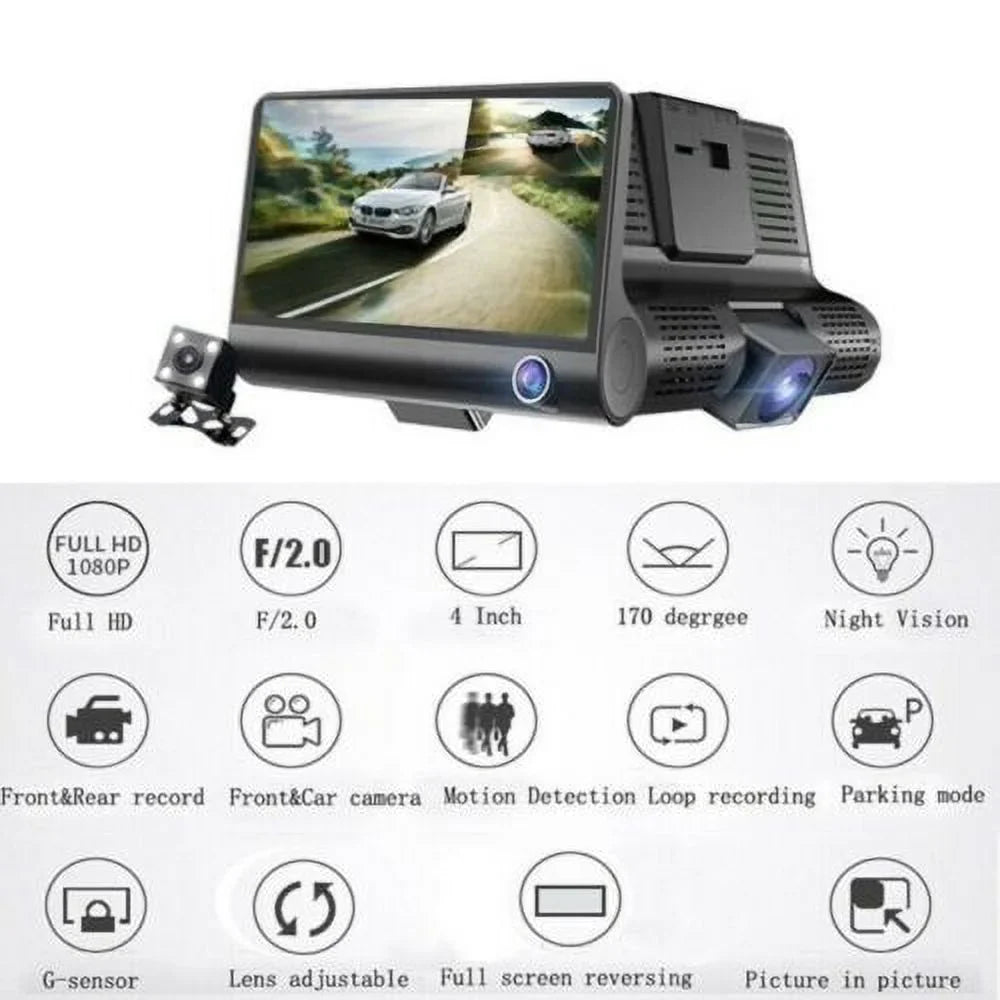 Rearview HD 4" Dual Cam G-Sensor 1080P Dash Camera Video DVR Recorder Lens Car