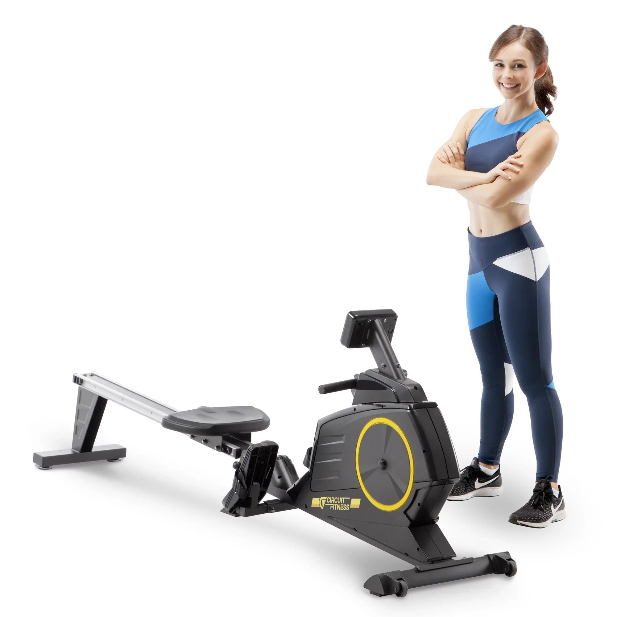 with Monitor 8 CIRCUIT Foldable Deluxe Wheels/LCD Machine AMZ-986RW Settings/Transport Magnetic Resistance Rowing FITNESS