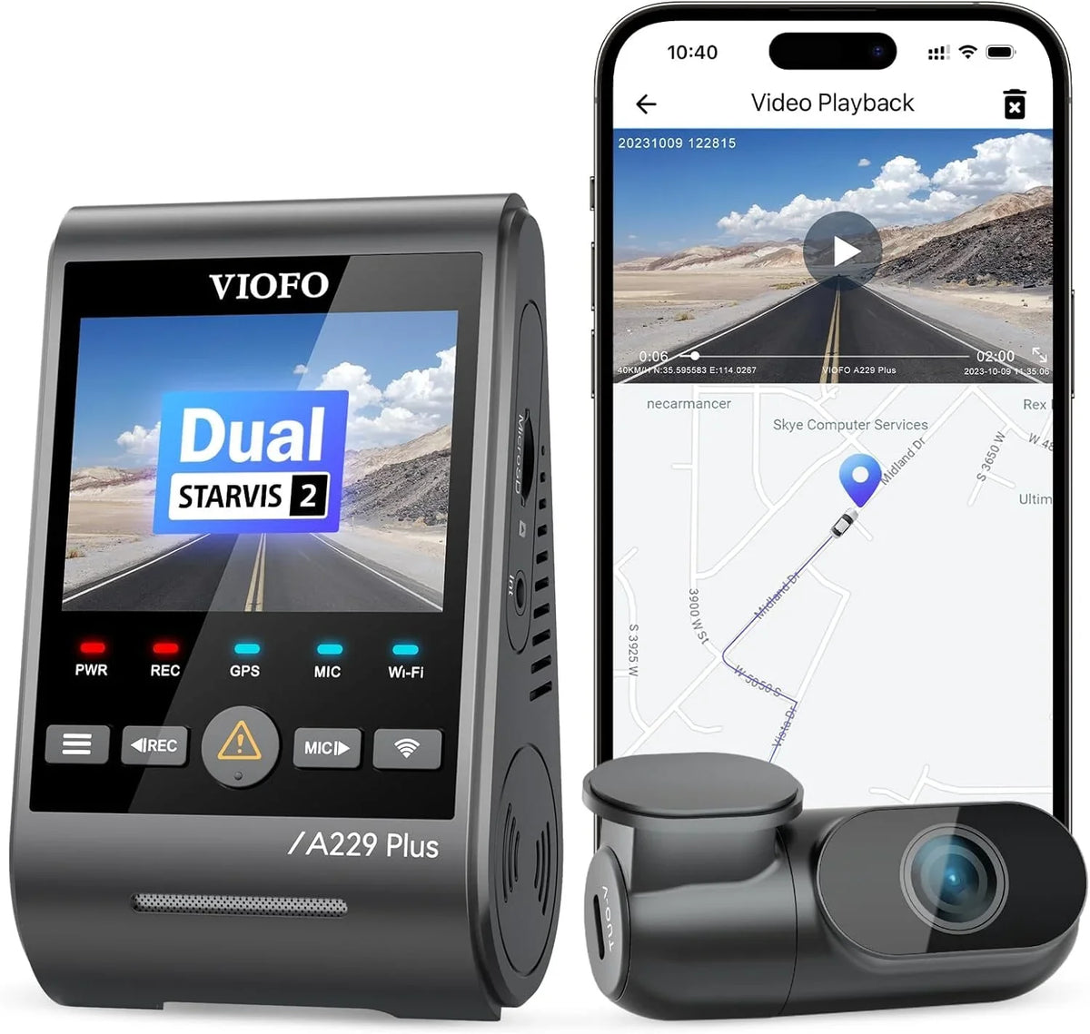 VIOFO Camera Plus 2CH Sensors, 2 Dashcam 1.87 GPS, Rear Dual A229 Front with STARVIS lb 1440P+1440P