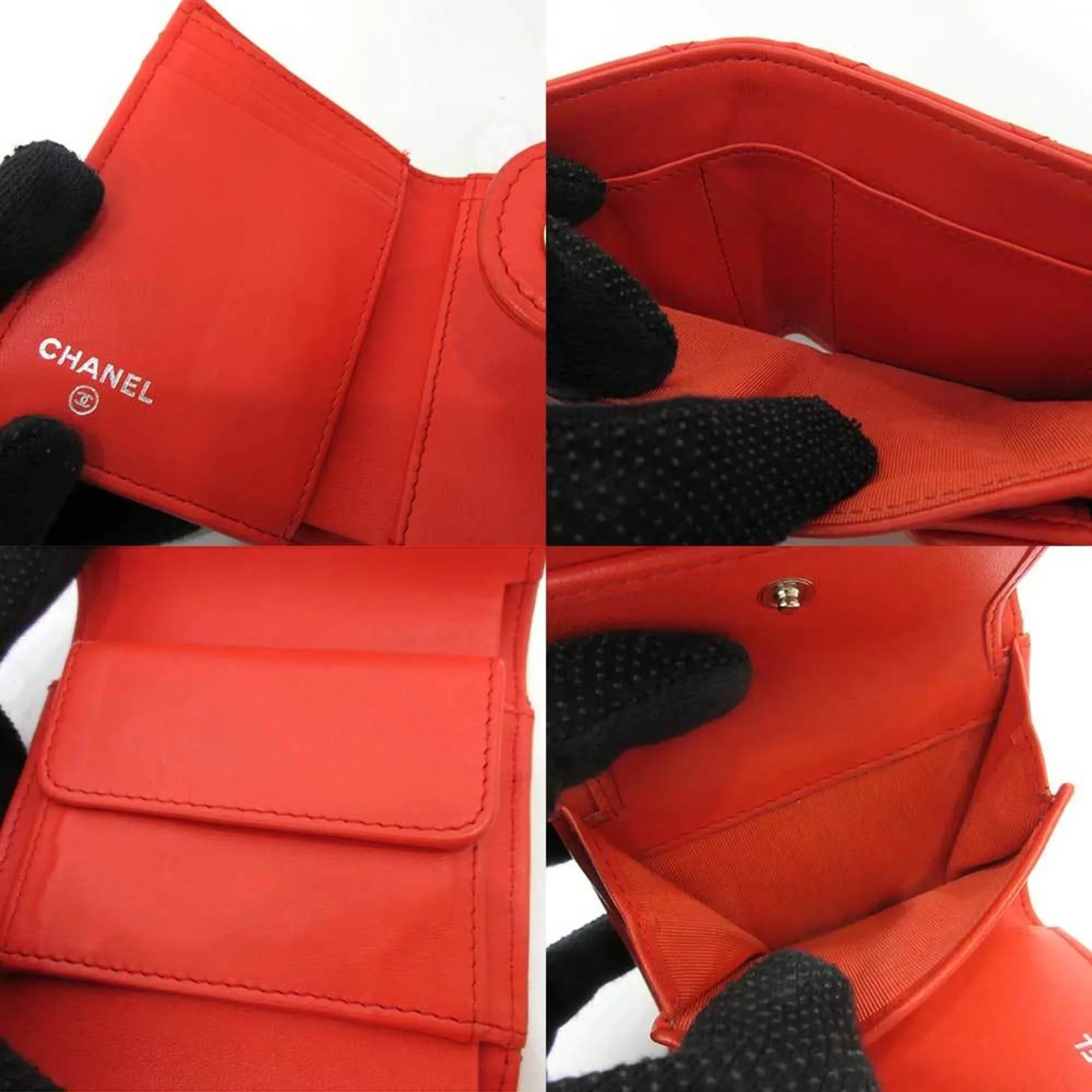 Pre-Owned Lambskin Orange Wallet Matelasse Metal Fittings Chanel CHANEL Series Red Women's Mini (Good) Silver Small Trifold