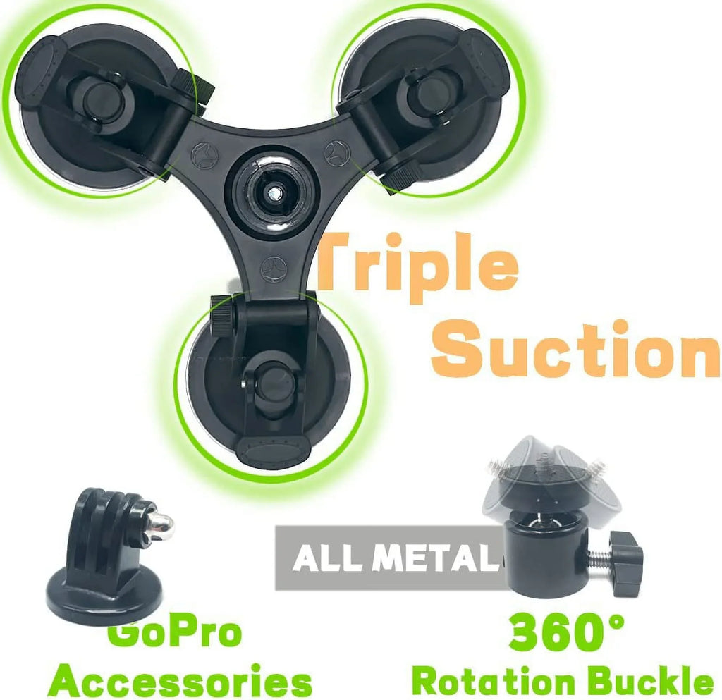 Threaded Suction Degree Windshield Camera Cup Triple Holder 1/4 Head with Mount Action 360 Mount Head Ball Car Tripod