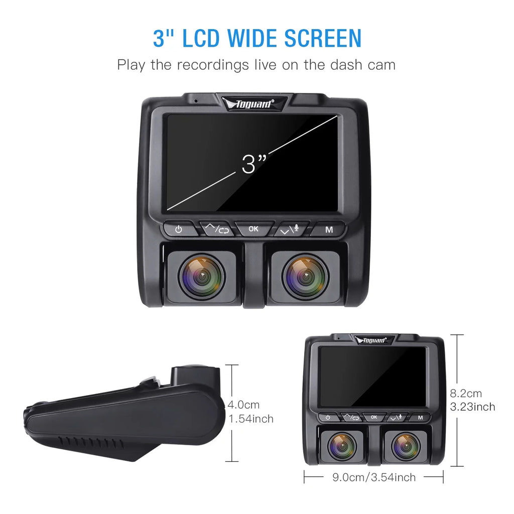Dash Black 1080P+1080P Camera Front Cams and Inside LCD 3" Cam, Car Dashboard Dual Camera TOGUARD Dash Full HD