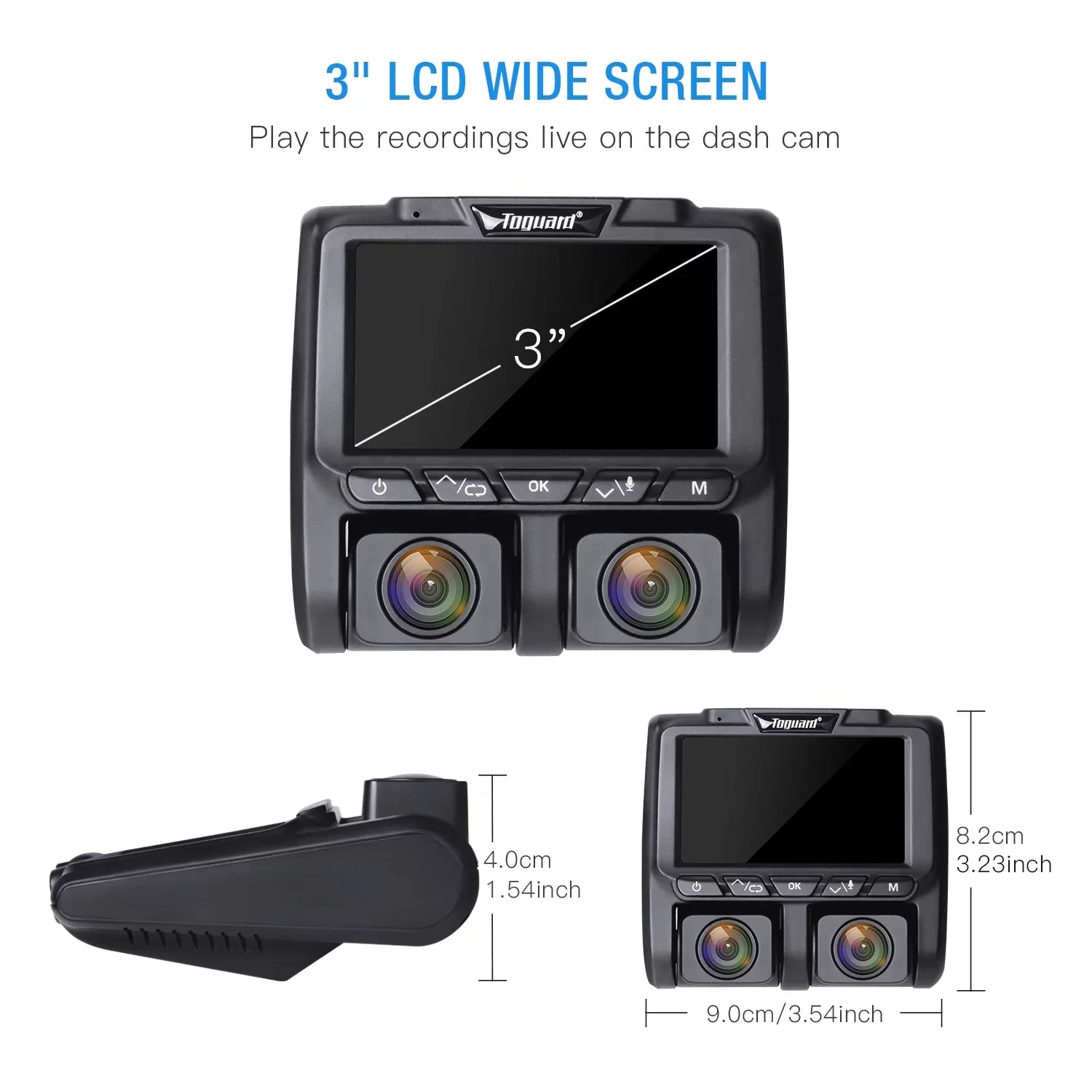 Dash Black 1080P+1080P Camera Front Cams and Inside LCD 3" Cam, Car Dashboard Dual Camera TOGUARD Dash Full HD