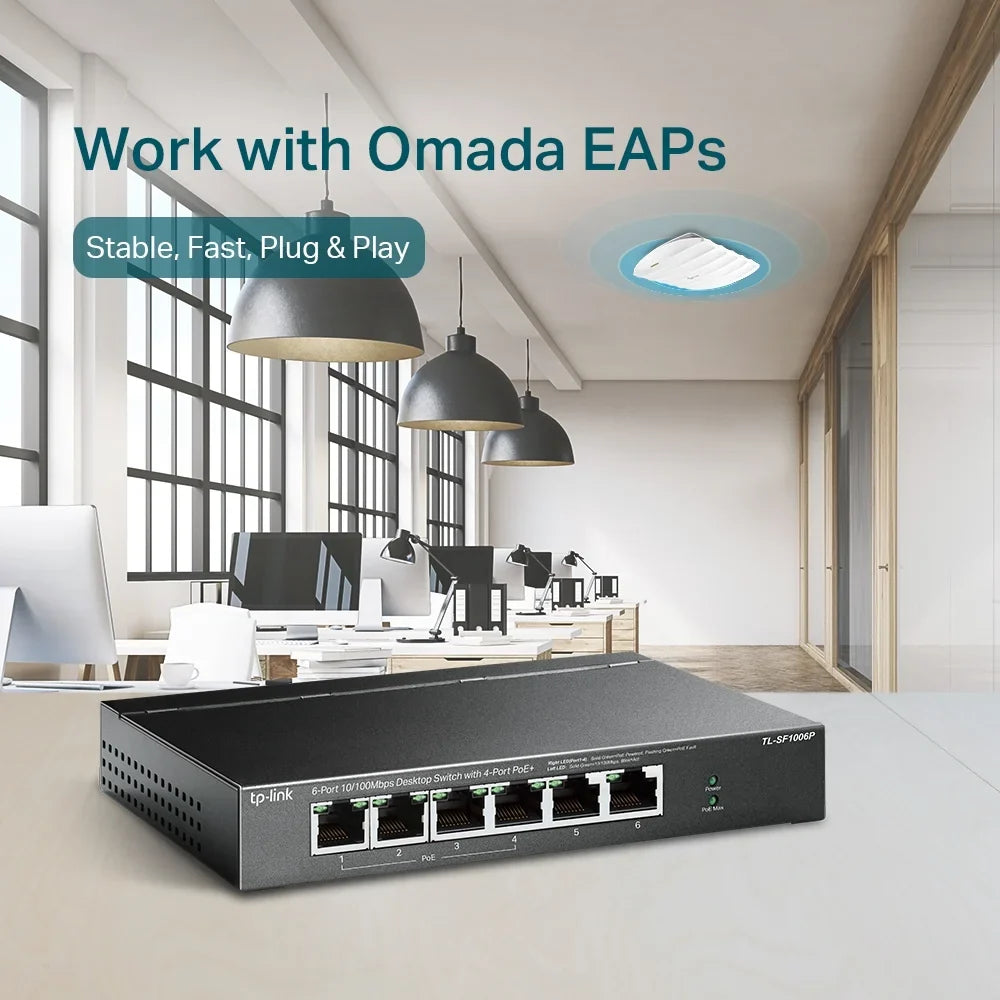 Ports 10/100Mbps Metal Ethernet | PoE+ Extend Port Protection (TL-SF1006P) Mode 4 Mode Plug | Switch | 6 67W Sturdy | | | & Fast Priority w/Shielded PoE Lifetime @ Limited Ports TP-Link Play