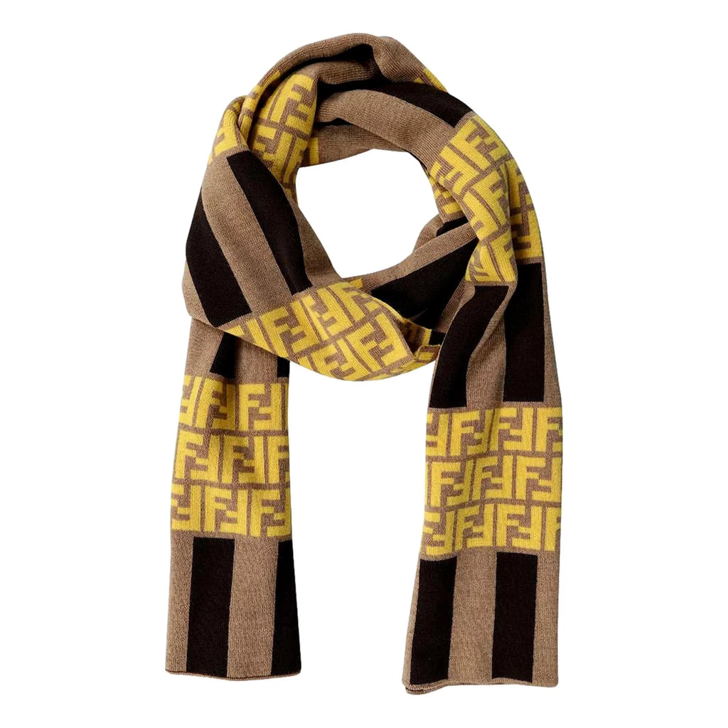 Scarf Yellow and Print Striped FF FXS124 Fendi Brown Knitted Wool