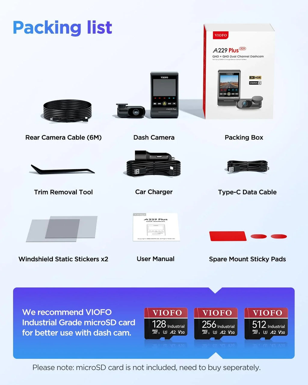 VIOFO Camera Plus 2CH Sensors, 2 Dashcam 1.87 GPS, Rear Dual A229 Front with STARVIS lb 1440P+1440P