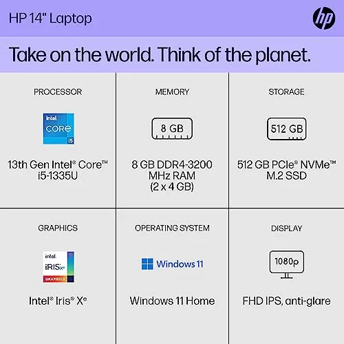 Generation Intel (2023) Iris 13th 11 GB Core 8 Display, FHD 512 Xe GB Graphics, inch 14 RAM, SSD, Laptop, 14-ee0010nr i5-1335U, Intel HP Windows Home,