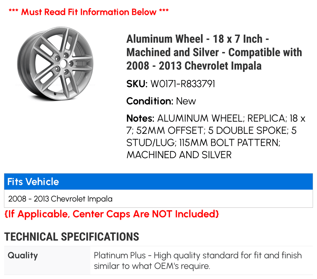 Wheel with 2008 Silver Impala 18 2009 and 7 2010 Machined 2011 Aluminum Chevy 2013 x - Compatible Inch - - - 2012