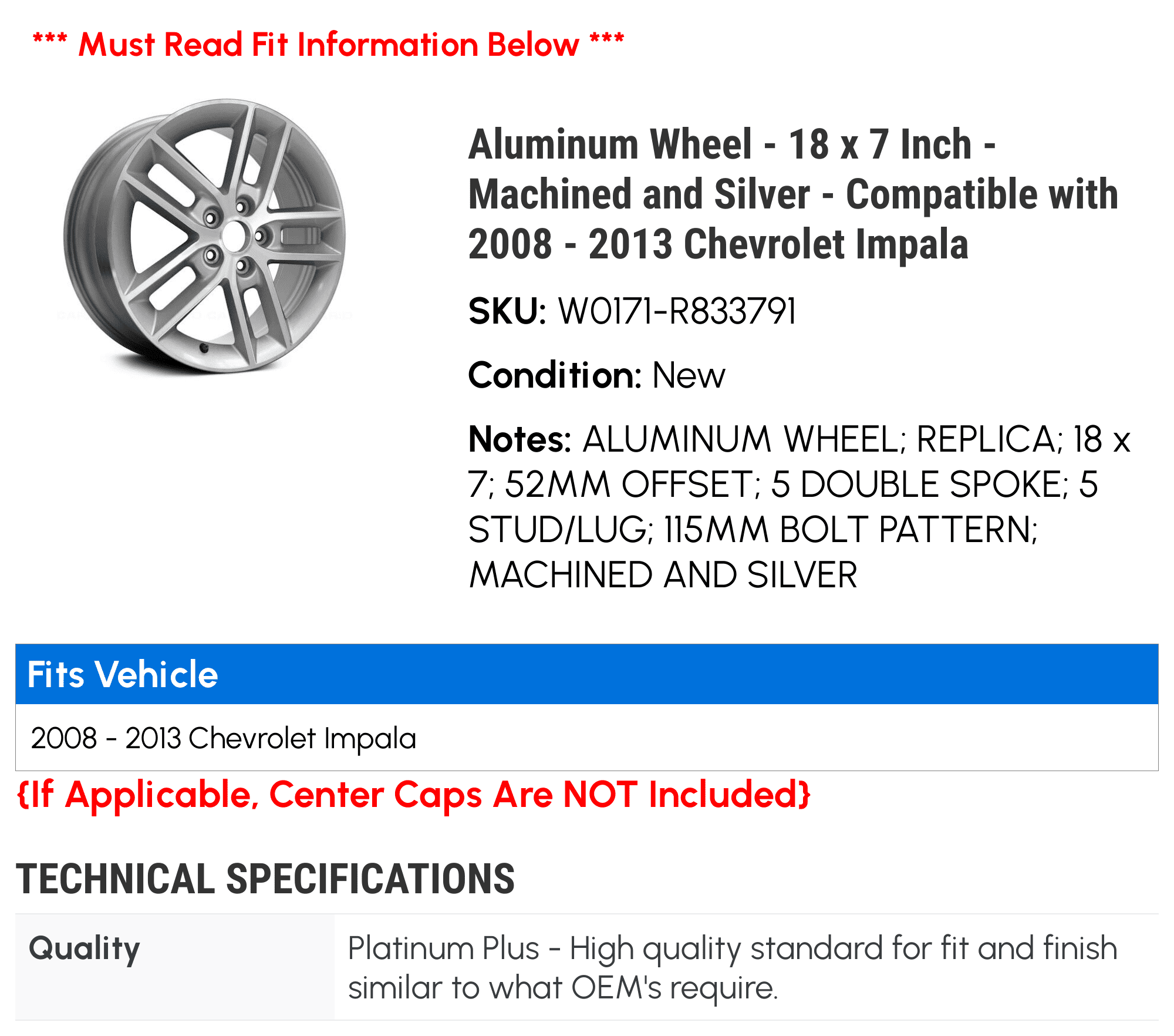 Wheel with 2008 Silver Impala 18 2009 and 7 2010 Machined 2011 Aluminum Chevy 2013 x - Compatible Inch - - - 2012