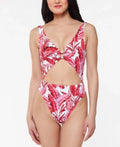 Cut-Out Swimsuit: Paradiso Palm Printed Jessica Simpson Multi O-Ring M/Fuchsia One-Piece