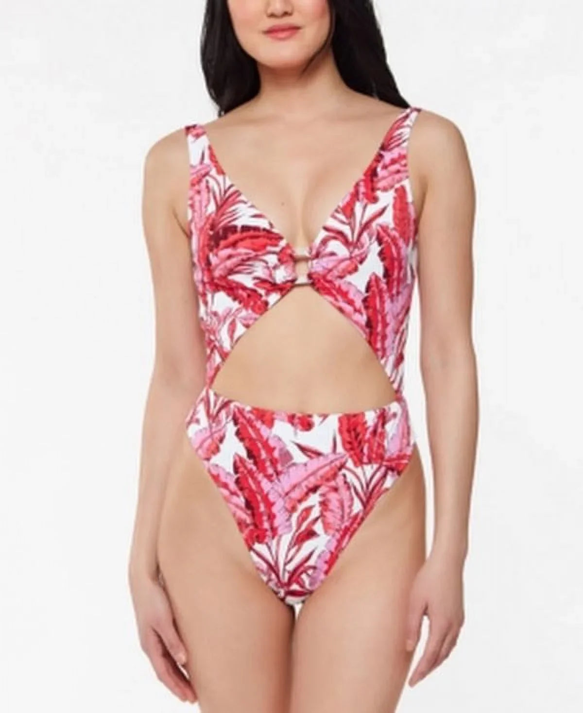 Cut-Out Swimsuit: Paradiso Palm Printed Jessica Simpson Multi O-Ring M/Fuchsia One-Piece
