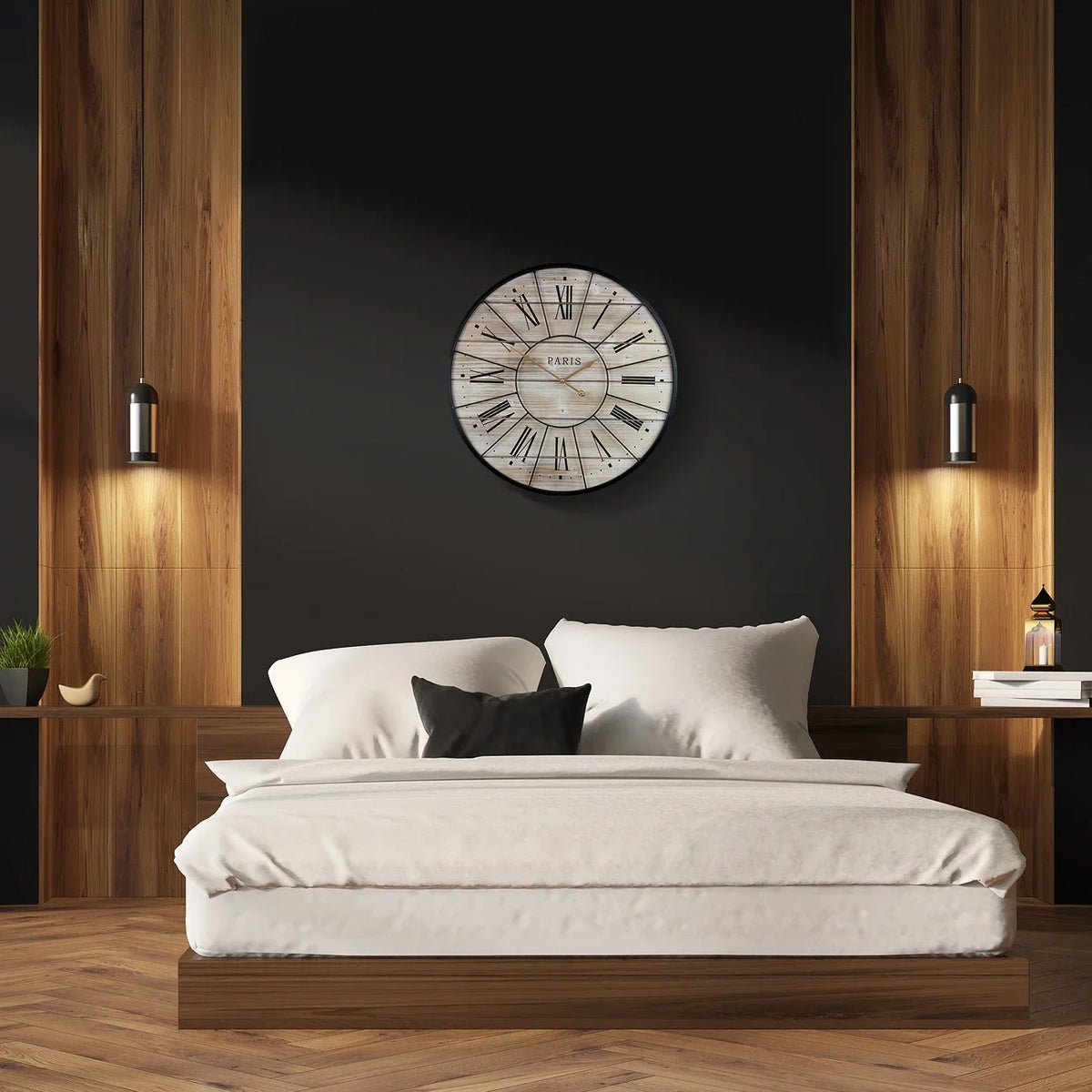 Roman Ideal 24¡± Hands, Living Numeral Paris Clock, Metal Wall Round Wood Analog Clock, Oversized French Sorbus Farmhouse Decor Rustic for Modern Country Centurion Decorative Large Room, Parisian