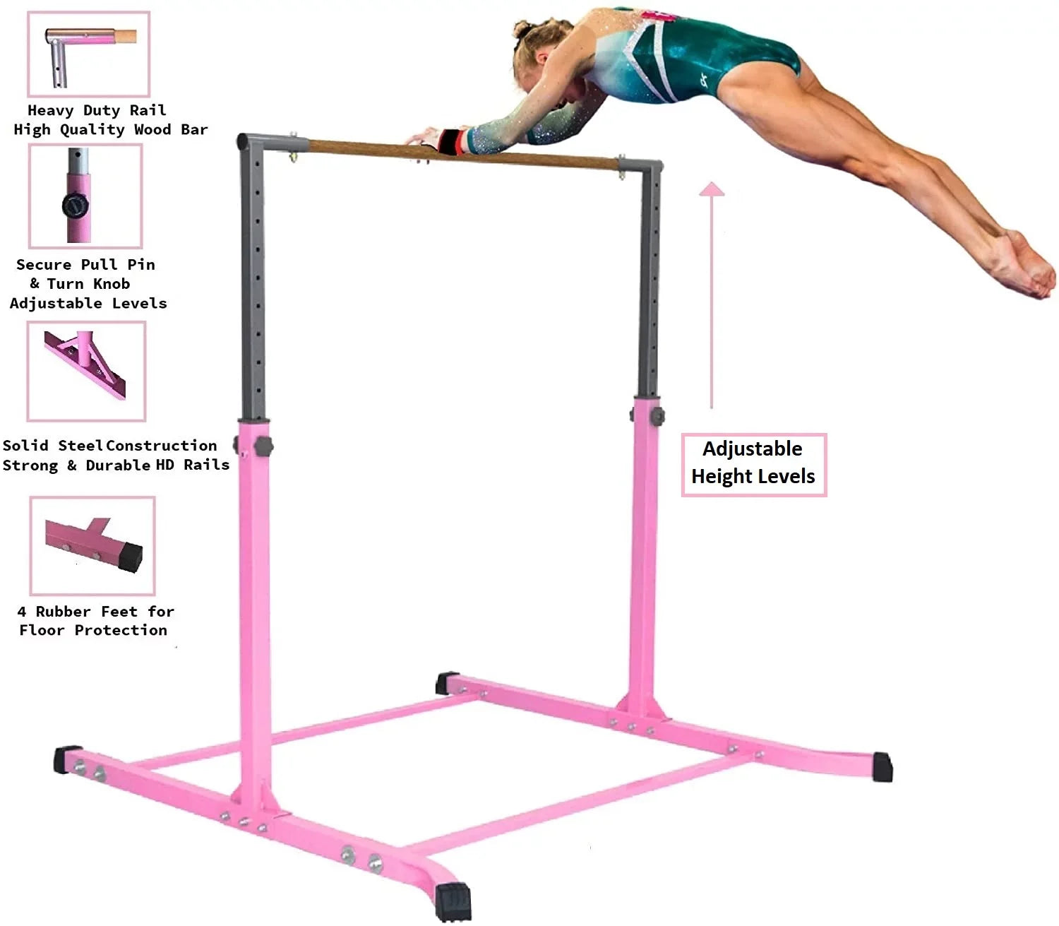 Pro-Gymnastics Expandable Bar 13 (Pink) Kip Horizontal Asymmetric Cushioned Gymnastic Bar & to 5 Legs FT Gymnastics Level Junior Training Bar Bar 3 Curved Height Bar Adjustable High