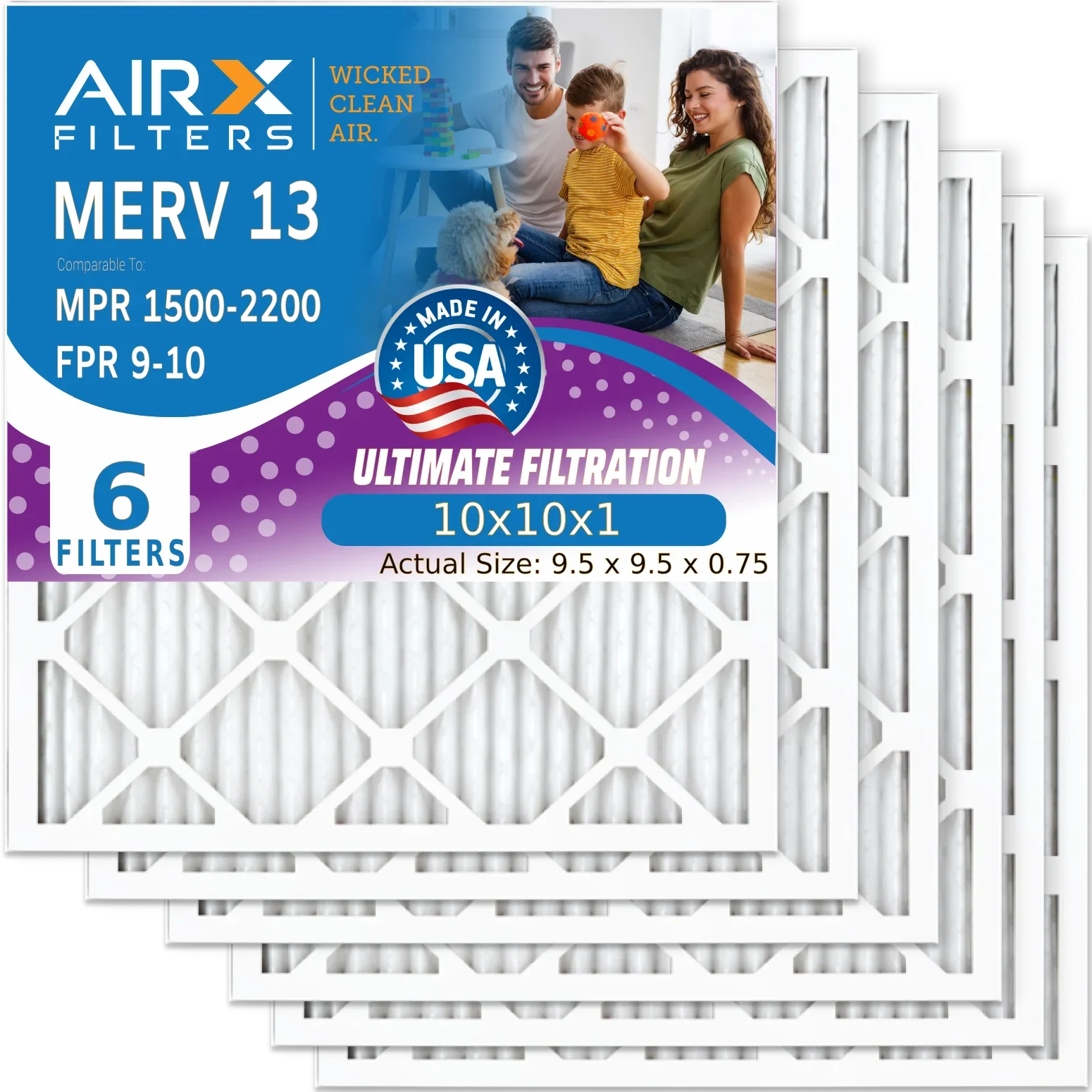 USA Filter to Furnace Filters Air Premium Air CLEAN 9 2200 MERV FPR Conditioner 13 AC AIRX 1500 AIR. 10x10x1 - 10x10x1 MPR Filter Pack Electrostatic 6 Pleated Made WICKED & by FILTERS Comparable HVAC