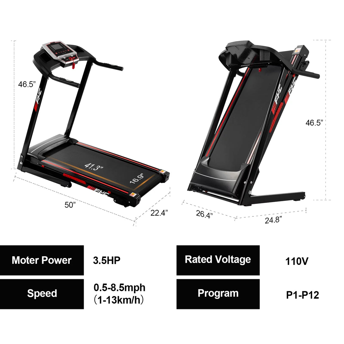 Pouseayar Black for Foldable with Home - Folding 3.5HP Incline, Portable Treadmills
