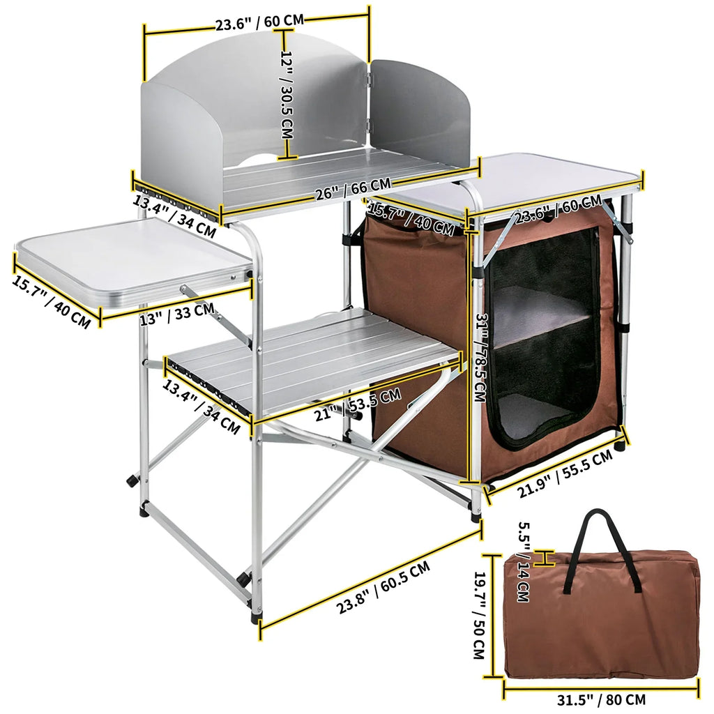 Folding Zippered Party, Color, Camping, 2-Tier, with Table Cook Camping Table Kitchen Outdoor BBQ, Bag for SKYSHALO Portable Brown Camp Table