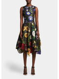 Belted OSCAR Sheer Black Dress Zippered 8 Sleeveless Fit Handkerchief Neck Lined Round RENTA LA + Womens Flare Midi Floral Hem DE