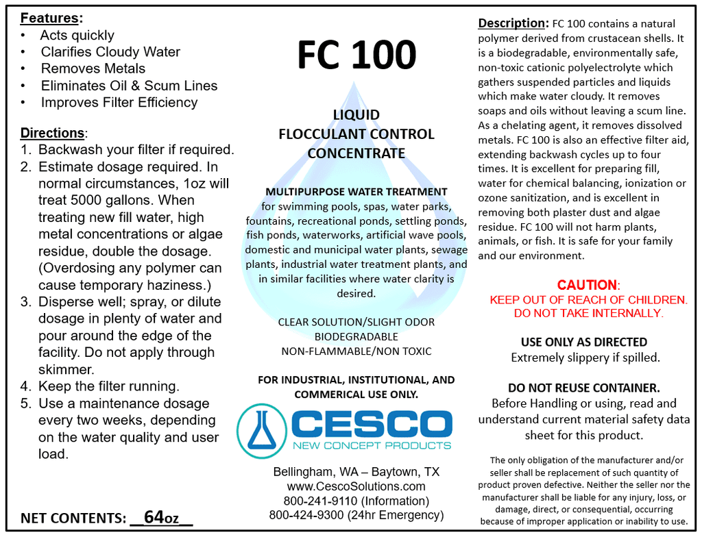Non-Toxic Flocculant Pool Safe - Supplies Pond, - Water - FC-100 Eco-Friendly, Pool, Concentrated Liquid - Solutions Swimming 64 for Pool Cesco Chemicals Oz Cleaning Spa Clarifier