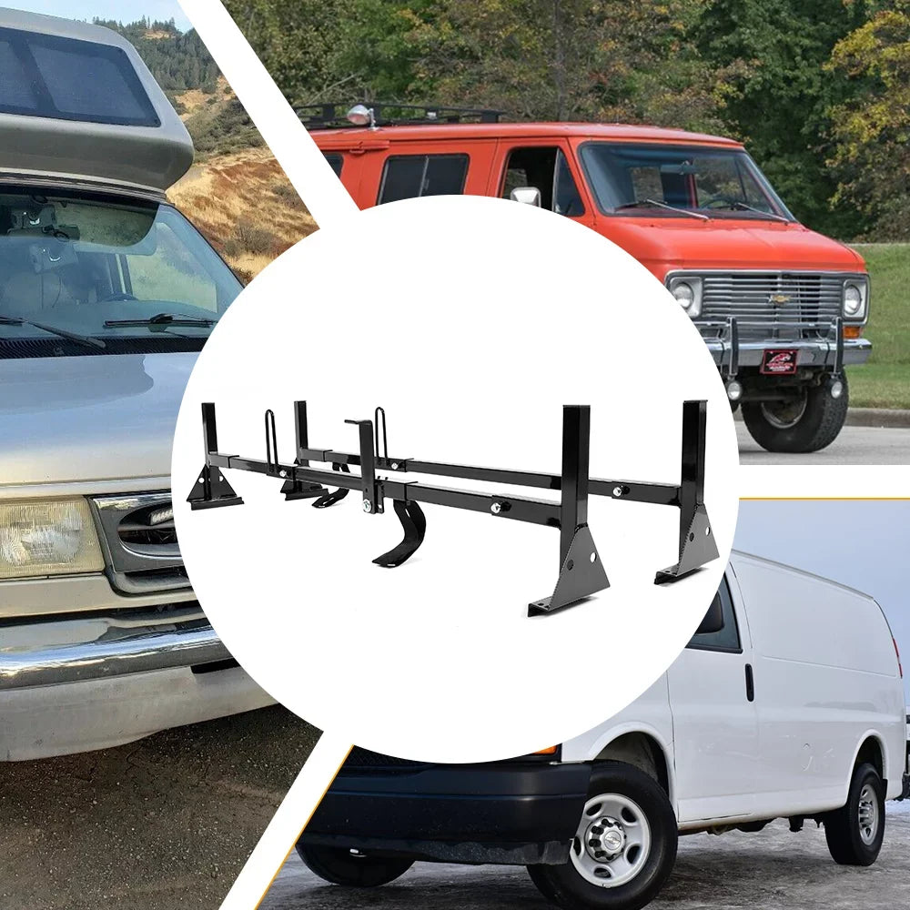 GMC Kojem Roof Rack Rack Vans 2 Universal Full-Size Ladders Carry Steel Bars Mount E-Series Adjustable Chevy Express Savana Ford for 68"-75"
