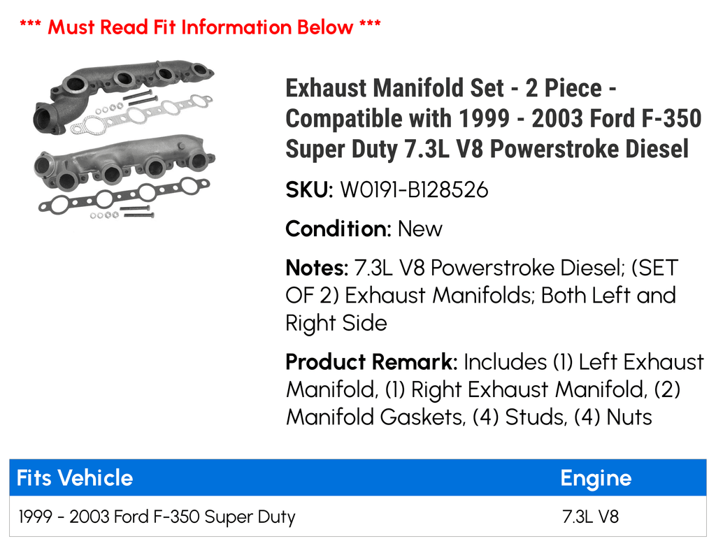 '- F-350 Ford V8 2003 Duty Exhaust - Set Super 1999 2002 2001 Diesel Manifold Piece 2 2000 Powerstroke with Compatible - 7.3L
