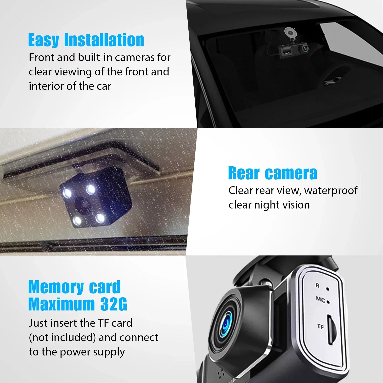 Car 1080P Triple Card, Way Channel Backup DVR Inside Dash TF Vision, Cam, Camera, 3 3 Cam Recorder, IR Dash Front Rear Dashboard G-Sensor Driving W/32GB Inside Camera Night Dual