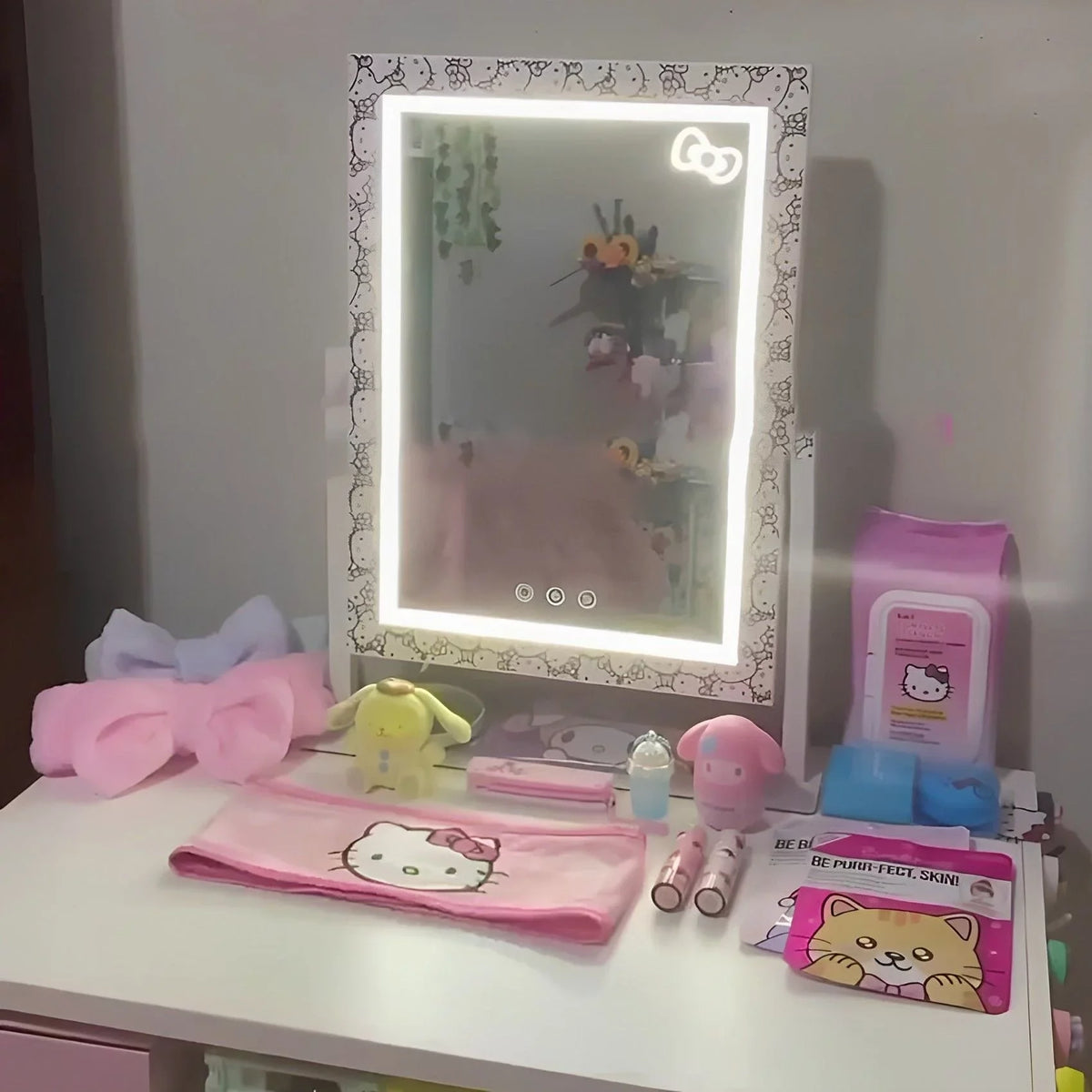 and 3X with Vanity Vanity Quality Degree Iron Frame Impressions Tone LED Mirror Swivel Mirror, Hello Lighted Lights Makeup (White) Mirror Tri and 360 with Cute Magnification, Kitty Touch