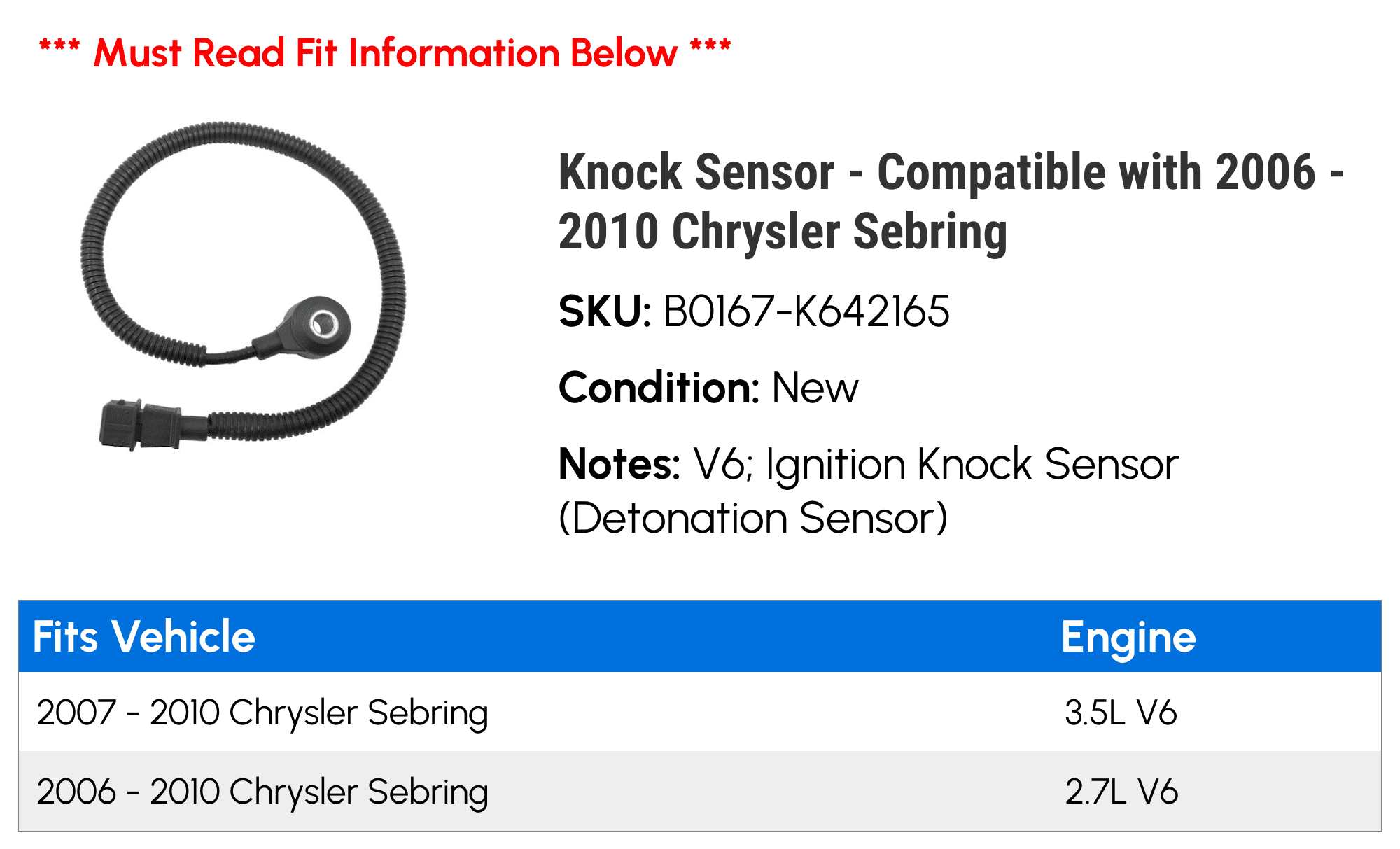 Chrysler 2009 Sebring 2008 - 2006 Knock 2010 Sensor Compatible with 2007 -