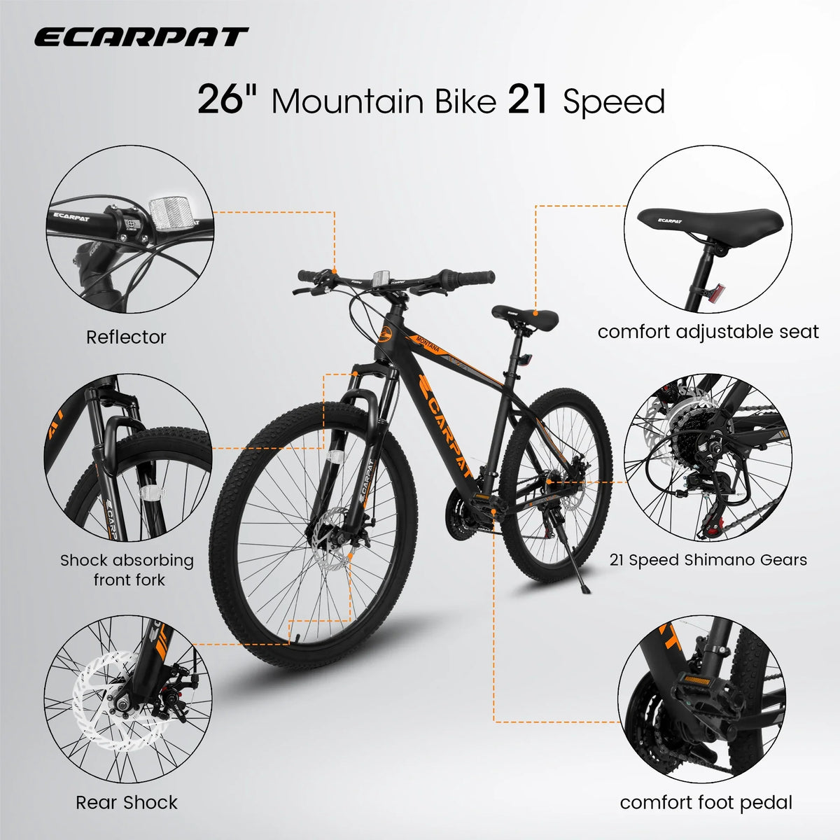 frame orange. inch bike absorbing aluminum 21-speed disc front adult mountain shock bike Ecarpat fork 26 brake, black