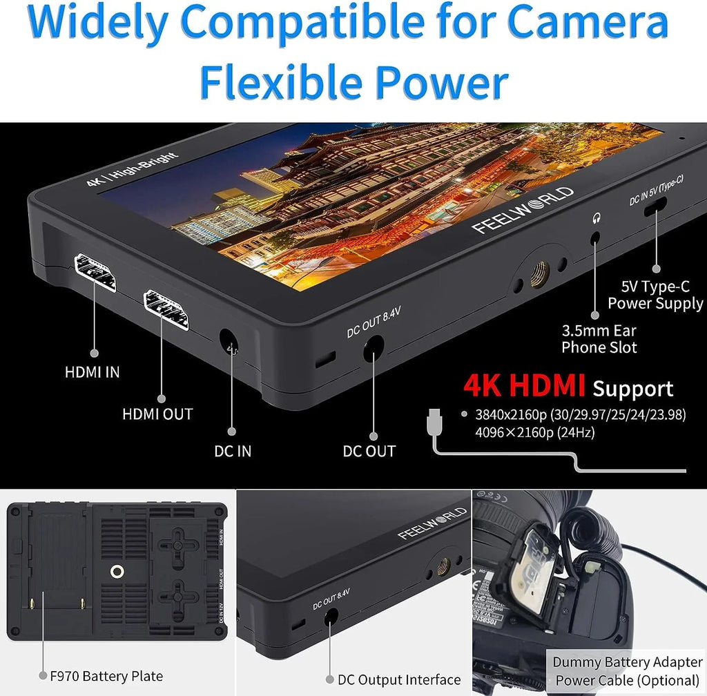 DSLR Touchscreen Camera Pro External FEELWORLD Power Kit F6 3D 5.5 F970 Wireless for Field with 1600nits Install HDMI 4K +Carry +Battery Inch Case LUT FHD 1920x1080 Monitor Transmission