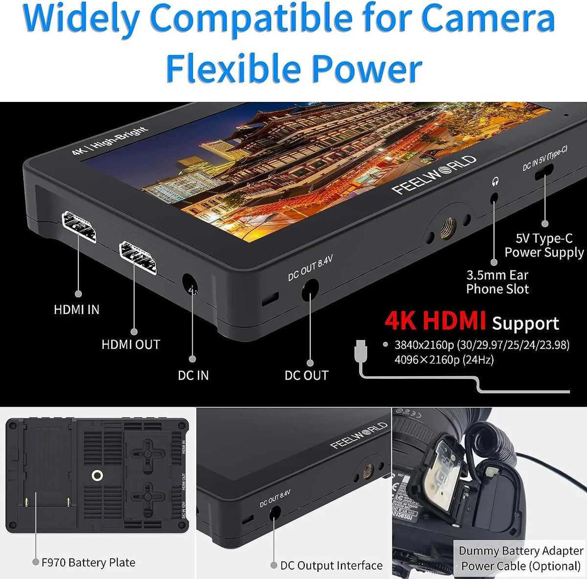 DSLR Touchscreen Camera Pro External FEELWORLD Power Kit F6 3D 5.5 F970 Wireless for Field with 1600nits Install HDMI 4K +Carry +Battery Inch Case LUT FHD 1920x1080 Monitor Transmission