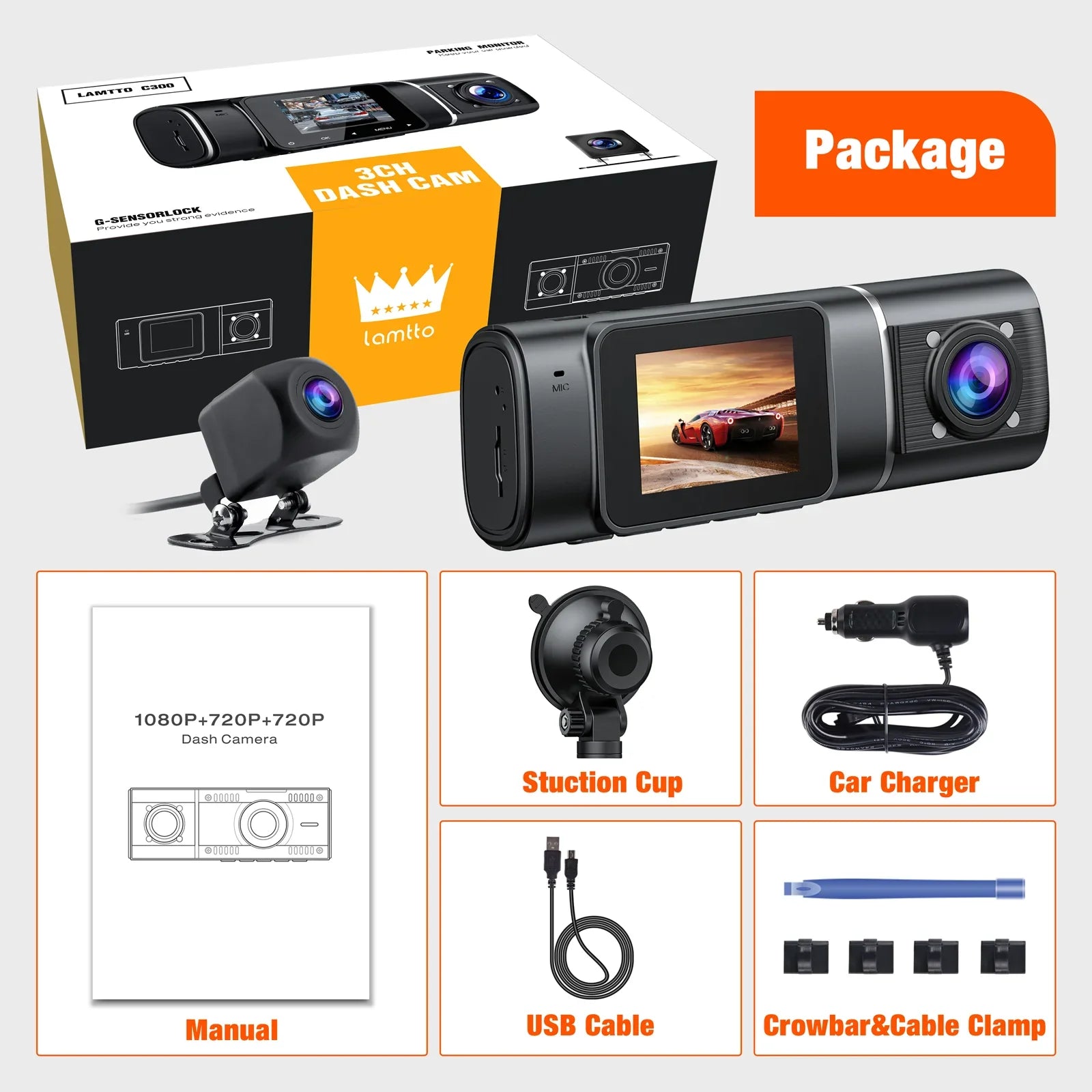 Dash Cam Detection Camera Three Front 3 Night Camera Motion Car Monitor Way with 1080P Channel Inside Accident Parking Triple Lock Vision and TOGUARD IR Dash Rear