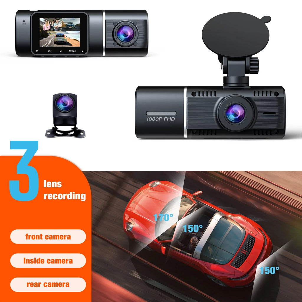 Dash Cam Detection Camera Three Front 3 Night Camera Motion Car Monitor Way with 1080P Channel Inside Accident Parking Triple Lock Vision and TOGUARD IR Dash Rear