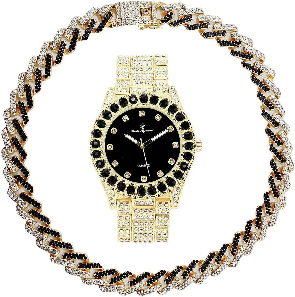 Gold Matching Necklace ZZ on with Charles Hop Black - Trim Hip Rolly Zig with Zag Bling'ed Out Sets(ST10327DX Raymond Out Sets Bling'ed Band Ice Ice on Blast! Necklace - Watch and Looks