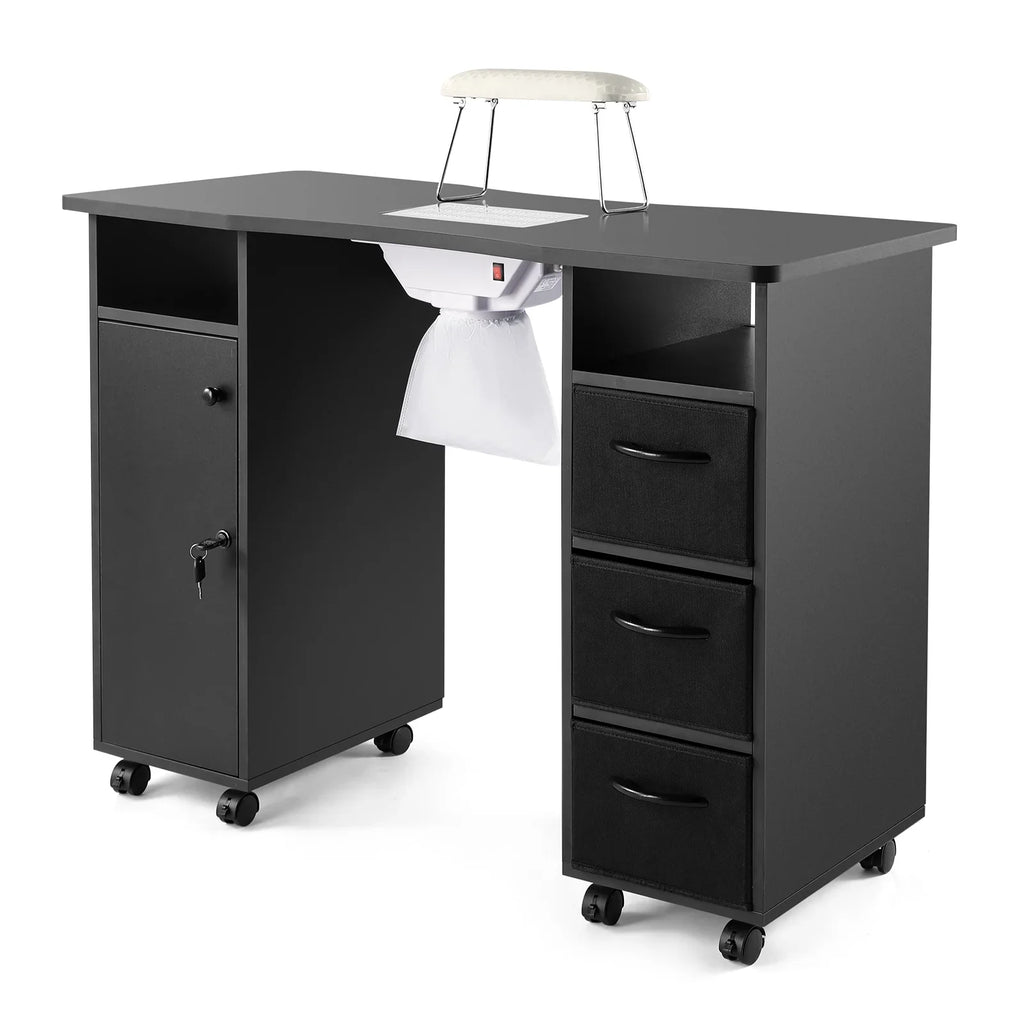 Lockable Manicure Artist Wrist with Desk Nail Table Cushion, Shelves Black Station Downdraft Beauty Wheels, Vent, Electric Drawers, Hand
