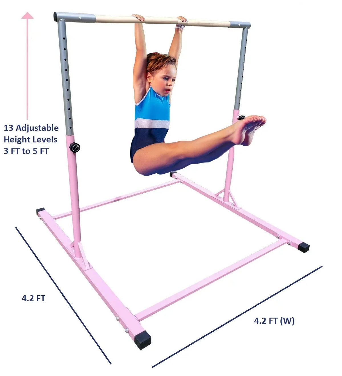 Pro-Gymnastics Expandable Bar 13 (Pink) Kip Horizontal Asymmetric Cushioned Gymnastic Bar & to 5 Legs FT Gymnastics Level Junior Training Bar Bar 3 Curved Height Bar Adjustable High