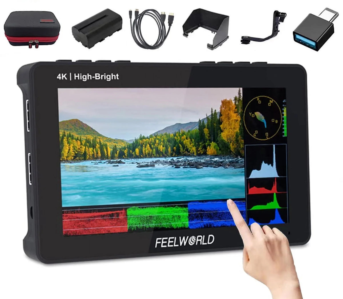 DSLR Touchscreen Camera Pro External FEELWORLD Power Kit F6 3D 5.5 F970 Wireless for Field with 1600nits Install HDMI 4K +Carry +Battery Inch Case LUT FHD 1920x1080 Monitor Transmission