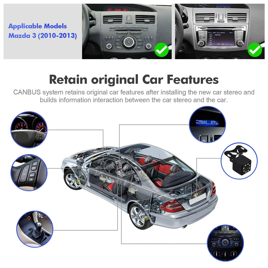 Wheel Car Din 9 Double for with Inch 3 2012 2013 Carplay/Android stereo Mazda 2+32G Radio 2010 TouchScreen Camera 2011 Control Wireless Android Backup Auto/GPS/Bluetooth/FM/AUX-in/Steering 10 Built-in