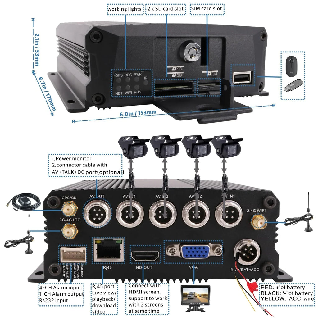 Rear 4 Bus Cameras RV DVR Remote 4 Channel Kit Car LTE Side IP68 Video for Front Vehicle Fleet CCTV Wifi Van CELLULAR Recorder Backup on Web/APP GPS 1080P Truck View View JOINLGO 4G Bus