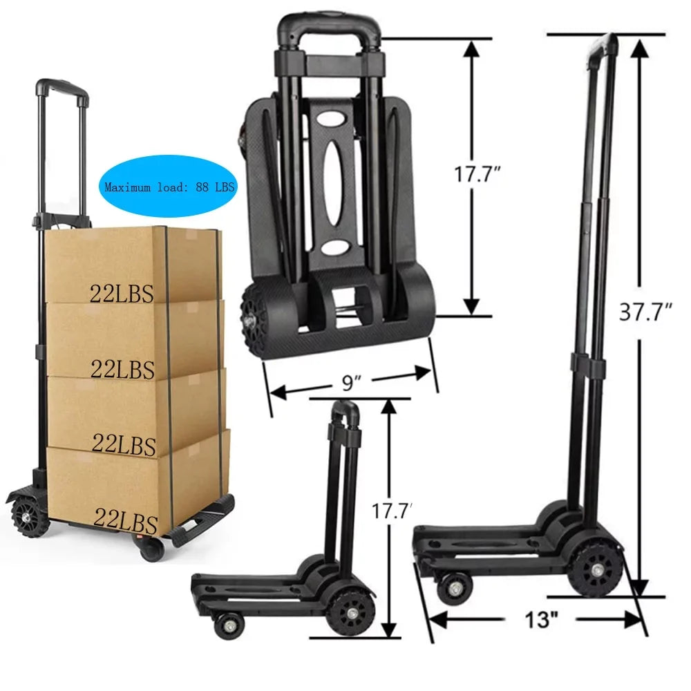 Big Duty Folding Wheels for Cart Travel Black Moving Luggage Platform and Heavy Use. with Cart Cart Luggage for siisll Home, Lightweight Hand Truck Capacity Office Folding Collapsible Cart for Utility