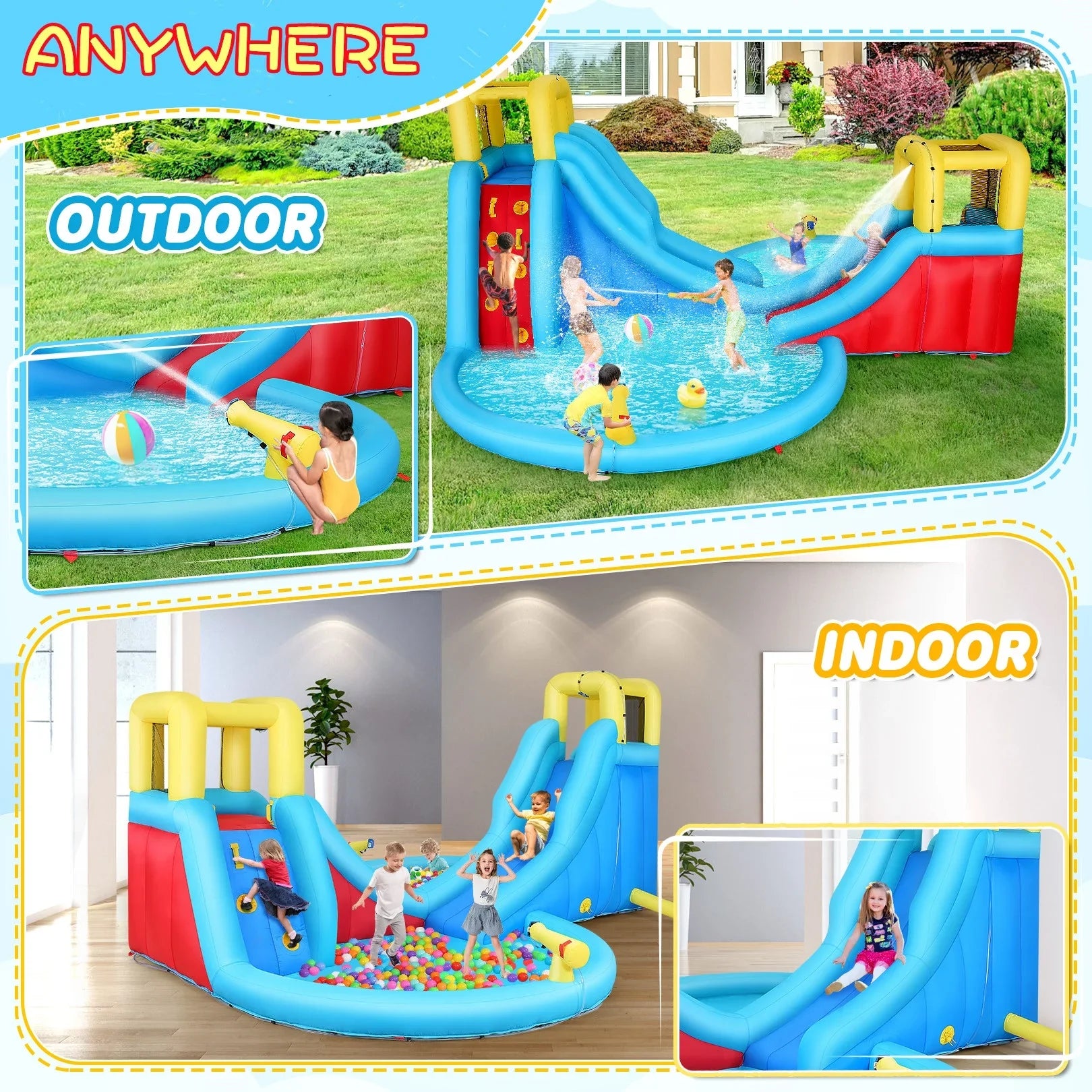 Bounce Playgrounds with Inflatable Walls Veeboto & Splash kids 2 Water Water Indoor/Outdoor Climbing 2 520W Slides, 2 House for Slide Pool Blower with