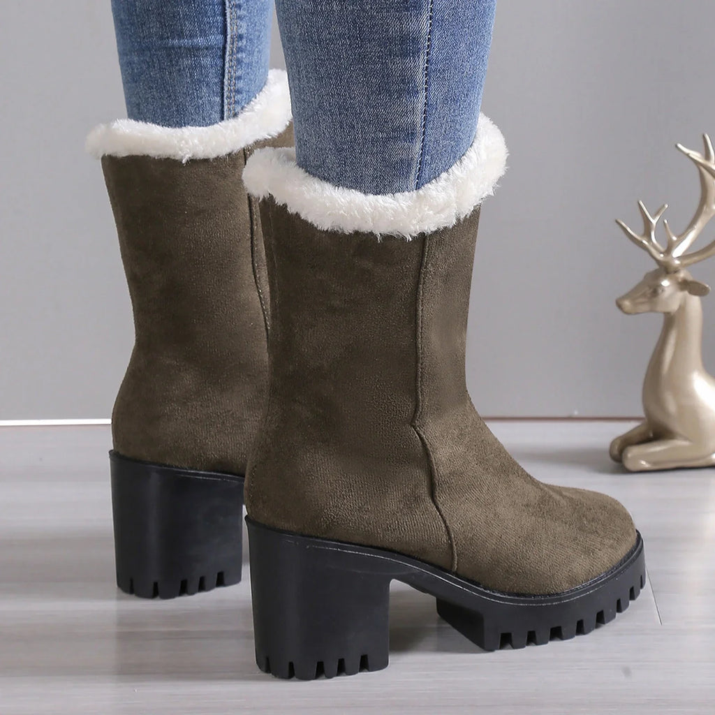 High Wide Warm Heel Hiking Thick Winter Plush Womens Suede Fashion Solid Boots Cotton Ladies Boots
