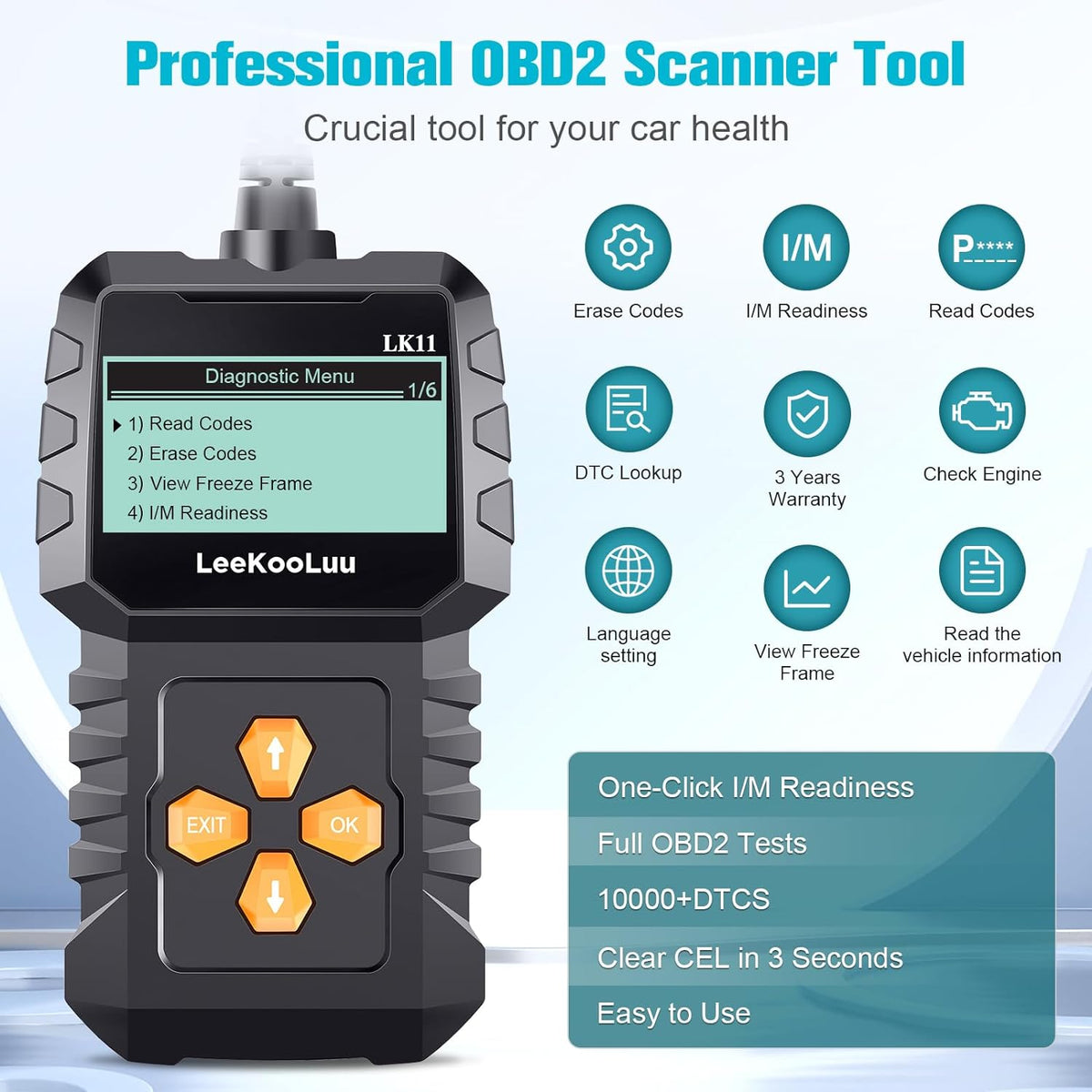 Professional LK11 Code Freeze Easy and Engine Readiness LeeKooLuu Play Setup Scan Frame/I/M - with Cars Alert Code 1996 Reader Since Scanner for Clear OBD2 Use Plug to - Diagnostic Reset