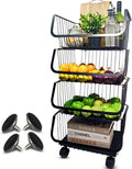 Wheels Metal Rolling with Black 4-Tier Utility Storage Organizer Basket Cart,