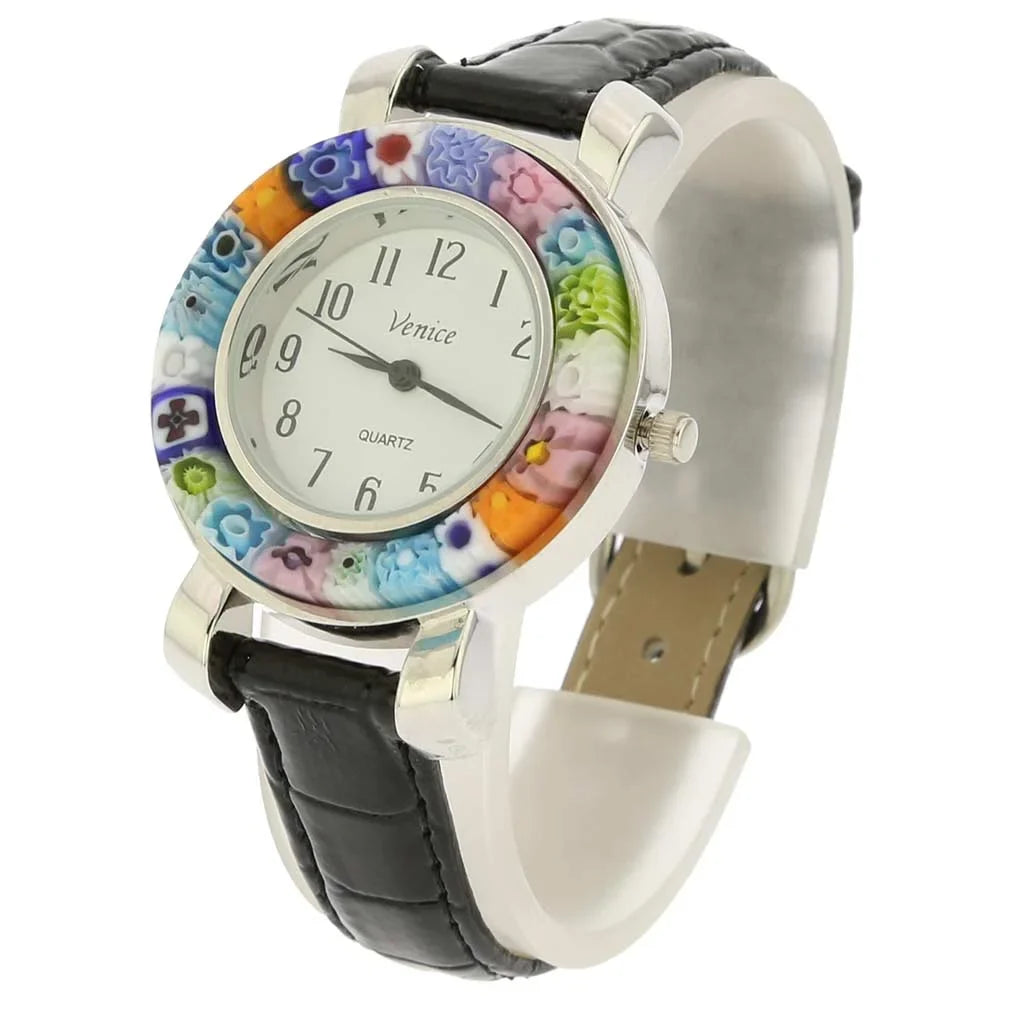 Band Watch Millefiori Serena GlassOfVenice - Leather With Black Murano