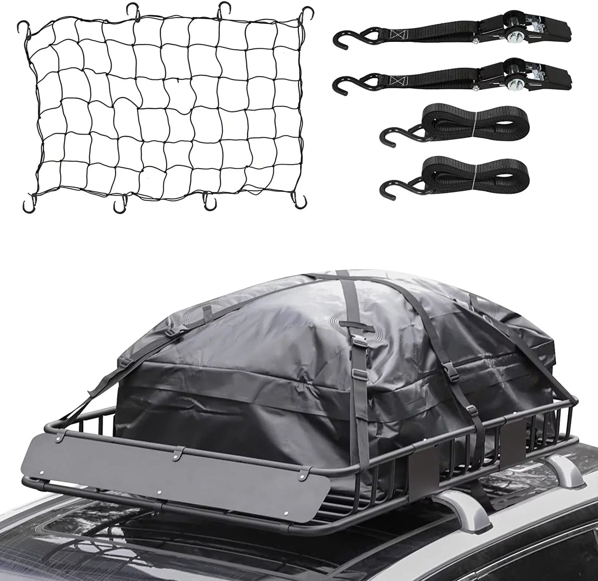 Holder Net, Luggage Basket Steel Rooftop 150lb Car Down Top Rack, 39" Cargo Bag, Waterproof Capacity, for Thten Duty Roof SUV, Tie Carrier Extension and Rack with Construction Heavy 64"x Strap,