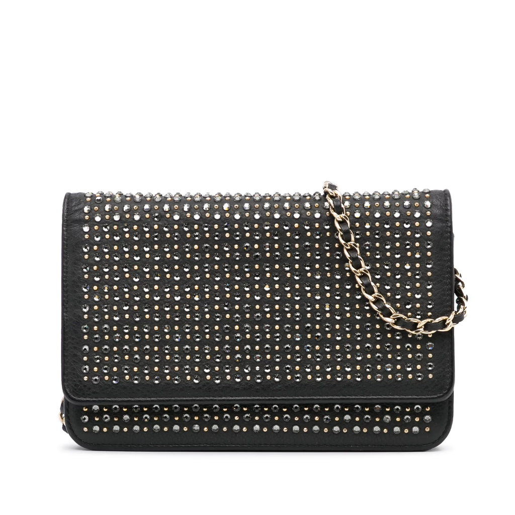(Good) Crossbody Pre-Owned Authenticated Chain Calf Chanel Leather Unisex Black Wallet Studded Bag on