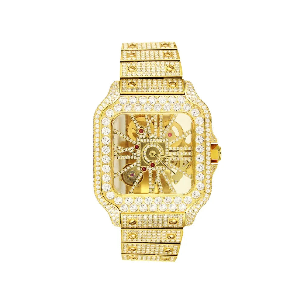 Tone Gold Custom 14K Watch Dial Diamond Moissanite Stainless Skeleton Automatic Mens Steel