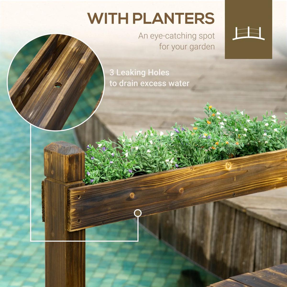 Bridge with Finish Arc Planters, Outsunny Wooden Stained Garden Footbridge