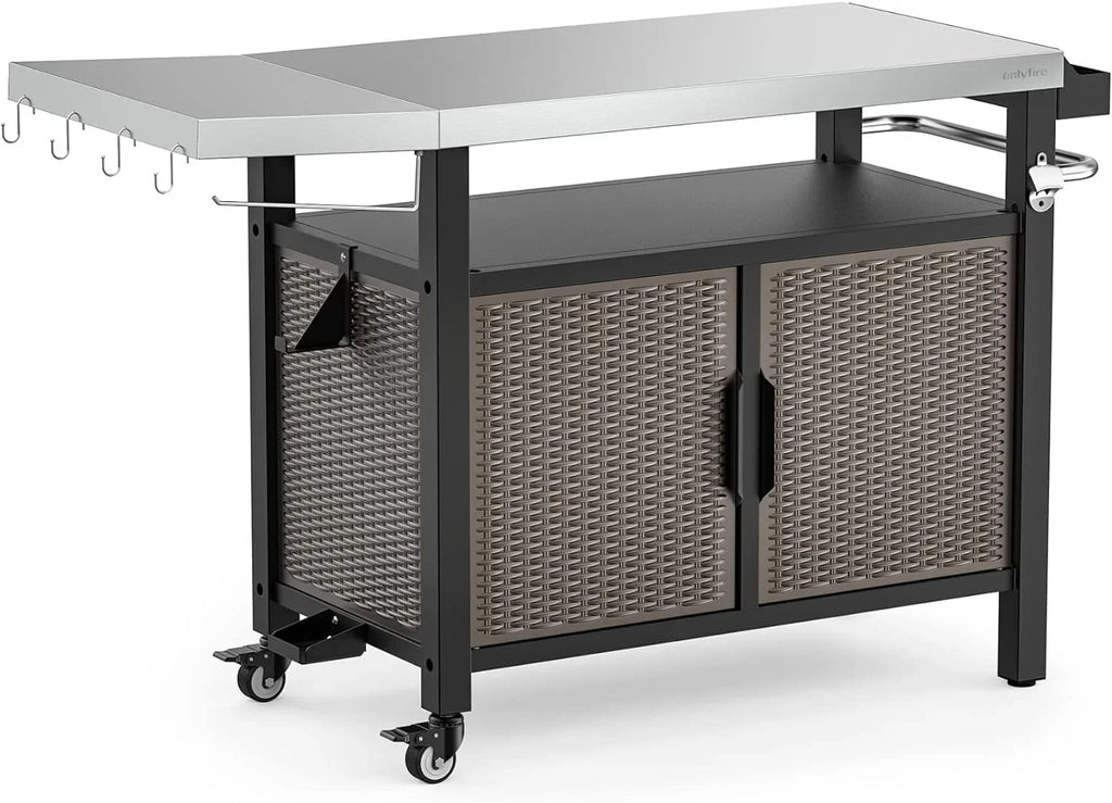 with Table Stainless Indoor Rolling SUSIMOND and Shelf Wheels Countertop, Kitchen Outdoor Storage with Steel Side Cart Cabinet for XL 53-Inch Worktable Dining Island