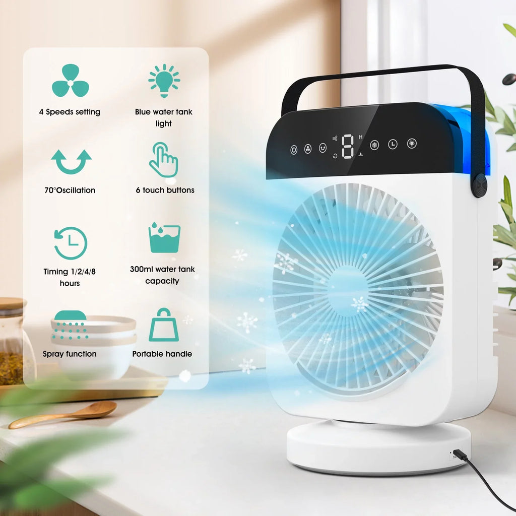 Small Camping Office Desktop Light Evaporative Portable Cooling With Led With Personal 4 For Speeds,Oscillation/Humidifier/Timing Fan Air Conditioner,Mini Function, Room Cooler Air